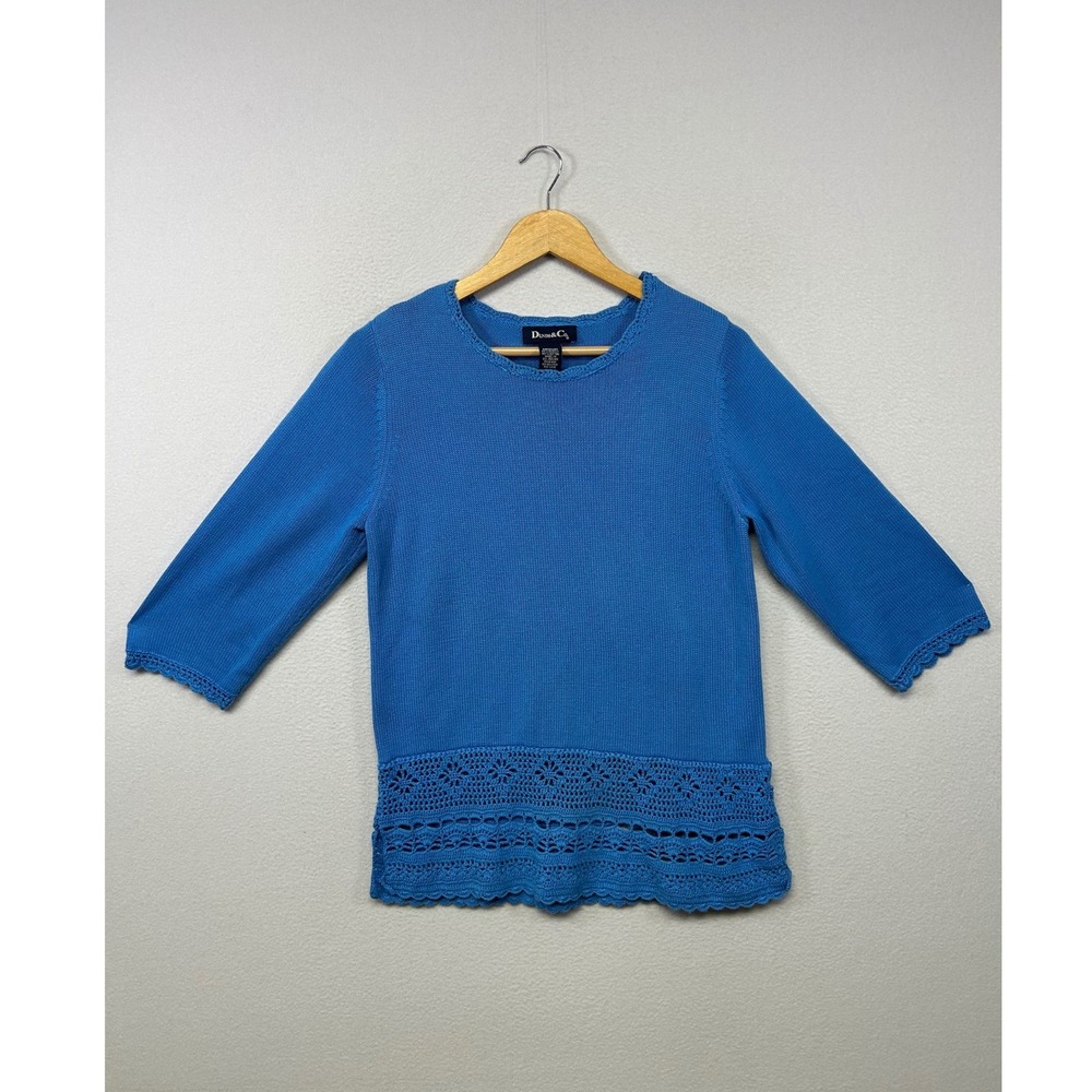 Denim & Co. Coastal Boho Crochet‎ Hem Women Medium Blue 3/4 Sleeve Sweater